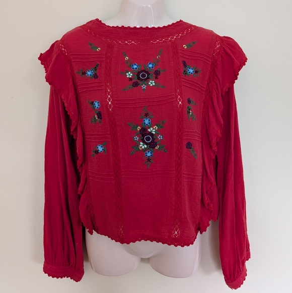 Free People Amy Red Floral Embroidered Bordado Top Medium - Picture 6 of 16